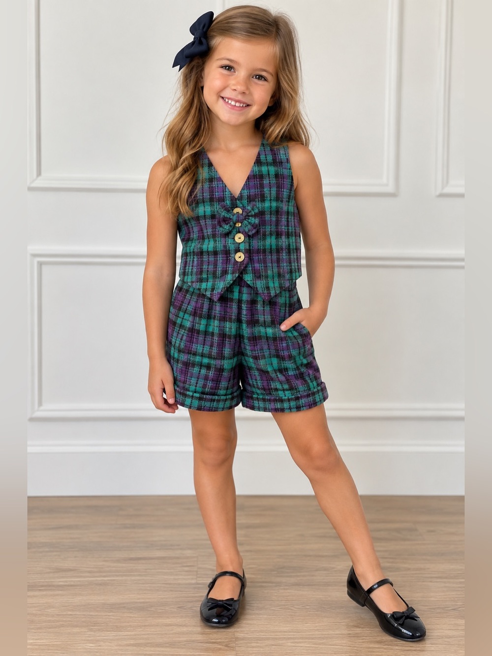 Vintage French Toast Girls Plaid Vest & Shorts 2-Piece Set Size 5/6 - EUC